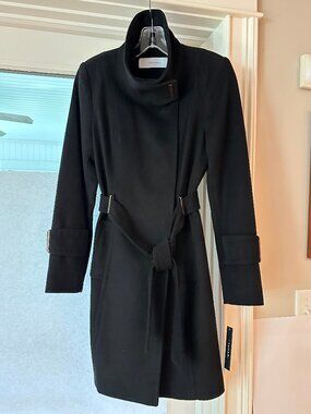Tahari wool blend trench style coat with belt, funnel collar, silver bar details